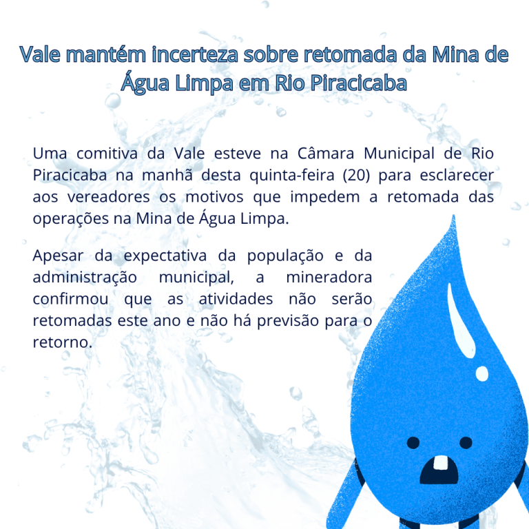 Vale mantém incerteza sobre retomada da Mina de Água Limpa em Rio Piracicaba